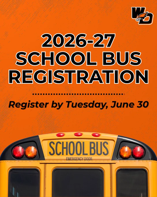 2026-27 school bus registration announcement with a yellow bus rear and deadline to register by Tuesday, June 30.