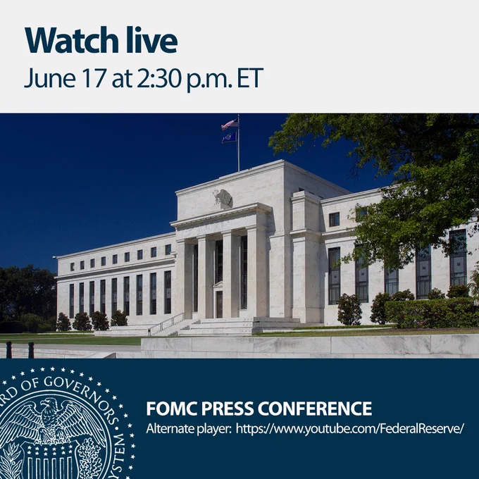 This graphic announces an upcoming Federal Open Market Committee press conference. The image features the Federal Reserve headquarters building (Eccles Building) with its distinctive white marble facade and classical columns, set against a deep blue sky. Text at the top states "Watch live June 17 at 2:30 p.m. ET" in dark blue font. The bottom portion displays a dark blue banner containing the Federal Reserve System seal on the left side, with text reading "FOMC PRESS CONFERENCE" and "Alternate player: https://www.youtube.com/FederalReserve/" in white font on the right.
