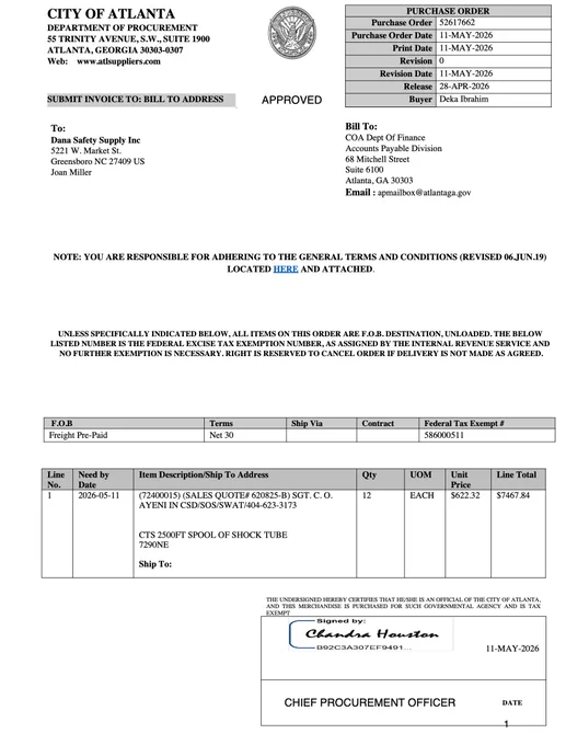 Purchase order

(72400015) (SALES QUOTE# 620825-B) SGT. C. O.
AYENI IN CSD/SOS/SWAT/404-623-3173
CTS 2500FT SPOOL OF SHOCK TUBE
7290NE