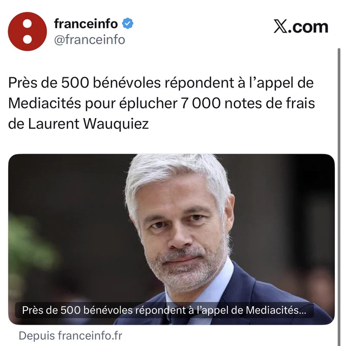 Franceinfo : Près de 500 bénévoles répondent à l’appel de Mediacités pour éplucher 7 000 notes de frais de Laurent Wauquiez