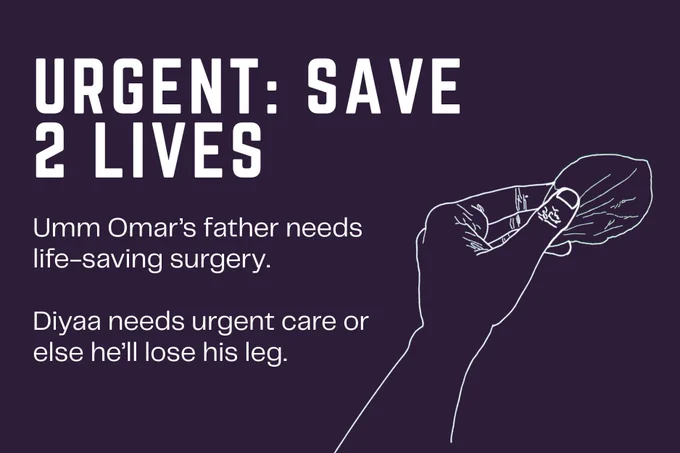 A dark graphic titled "urgent: save 2 lives." Text: "Umm Omar's father needs life-saving surgery. Diyaa needs urgent care or else he'll lose his leg." there's a line drawing of a hand extended, holding a flower petal between the fingertips.