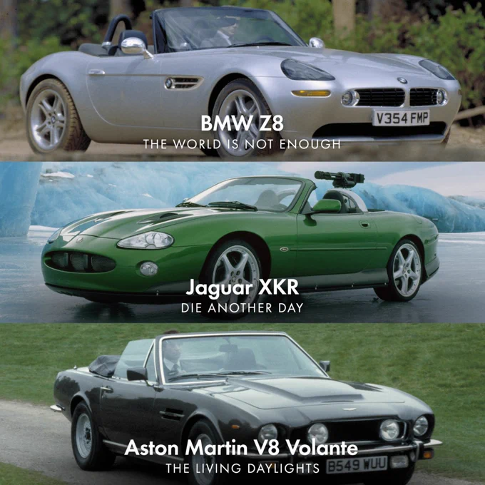 An image showing three images stacked above one another. The top image shows a silver BMW Z8 from The World Is Not Enough. The middle image shows a green Jaguar XKR from Die Another Day. The bottom image shows a black Aston Martin V8 Volante from The Living Daylights.