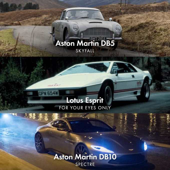 An image showing three images stacked above one another. The top image shows a silver Aston Martin DB5 from Skyfall. The middle image shows a white Lotus Esprit from For Your Eyes Only. The bottom image shows a silver Aston Martin DB10 from Spectre.
