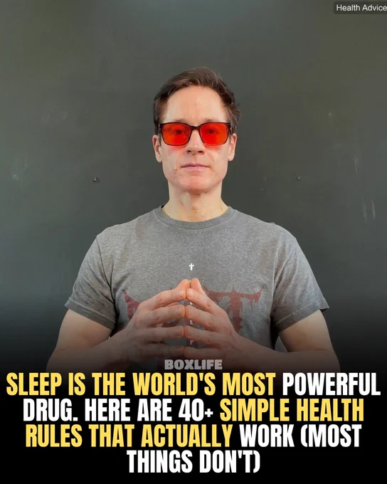 A person discusses the importance of sleep and health tips. They emphasize sleep's power and introduce over 40 health rules in a serious tone.