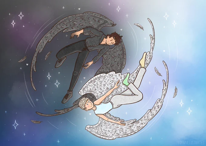 dan and phil flying in a circle around eachother, very yin & yang. Phil is in all white with white wings and a light glow, Dan is in all black, black wings and small horns, a dark shadowy glow to him. The background is darker grey on dans side and blends out into a sky blue on phils, with a small tint of purple between them representing hard launch era.