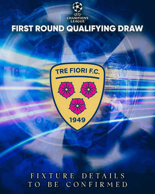 A vibrant announcement for the UEFA Champions League First Round Qualifying Draw featuring Tre Fiori F.C. The background has a dynamic blue and purple color scheme.