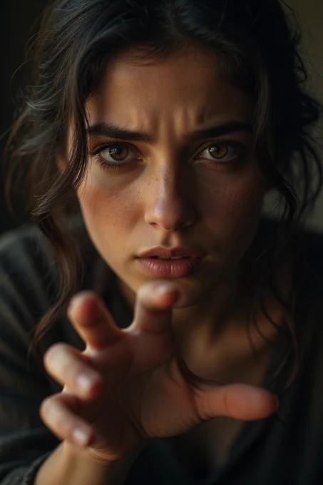 A young woman stands before you, her gaze locked onto yours, intense and unwavering. Her eyes, a deep, searching hazel, seem to pierce through you, holding a quiet determination. Slowly, she extends her hand, fingers outstretched, as if reaching for something you hold just out of her grasp. Her expression is a mix of longing and resolve, her lips parted slightly, caught in a moment of silent plea. The air feels charged, heavy with the weight of her unspoken desire, as she leans forward, her outstretched hand trembling just enough to betray her urgency.