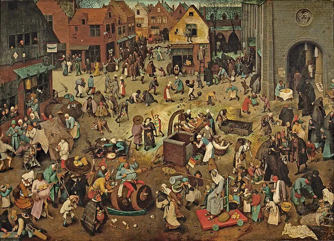 The Fight Between Carnival and Lent, an oil-on-panel painting executed by the Dutch and Flemish Renaissance painter Pieter Bruegel the Elder in 1559. It is a panorama of contemporary life in the Southern Netherlands. While the painting contains nearly 200 characters, it is unified under the theme of the transition from Shrove Tuesday to Lent, the period forty days before Easter.