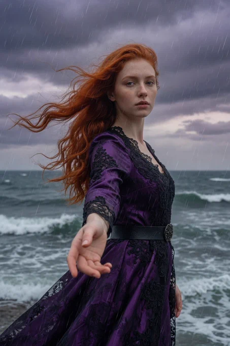 A young woman with long, flowing red hair, standing by the ocean under a gentle rain, with the entire image in sharp focus, including her hand and all other elements. She wears an elegant purple dress with intricate black lace details and a black belt, her arm extended gracefully towards the viewer. The background features a calm sea with soft waves and a cloudy sky, creating a serene yet mystical atmosphere, with every detail equally clear and vivid. Hyperrealistic, cinematic lighting, 8K.