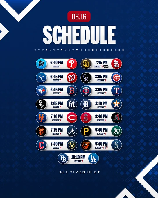 June 16 Schedule
All times ET

Marlins vs. Phillies - 6:40 pm - MLB.TV
Royals vs. Nationals - 6:45 pm - MLB.TV
Blue Jays vs. Red Sox - 6:45 pm - MLB.TV
White Sox vs. Yankees -7:05 pm - MLB.TV
Mets vs. Reds - 7:10 pm - MLB Network, MLB.TV
Giants vs. Braves - 7:15 pm - MLB.TV
Guardians vs. Brewers - 7:40 pm - MLB.TV
Padres vs. Cardinals - 7:45 pm - MLB.TV
Rockies vs. Cubs - 8:05 pm - MLB.TV
Twins vs. Rangers - 8:05 pm - MLB.TV
Tigers vs. Astros - 8:10 pm - MLB.TV
Angels vs. D-backs - 9:40 pm - MLB.TV
Pirates vs. Athletics - 9:40 pm - MLB.TV
Orioles vs. Mariners - 9:40 pm - MLB.TV
Rays vs. Dodgers - 10:10 pm - MLB.TV