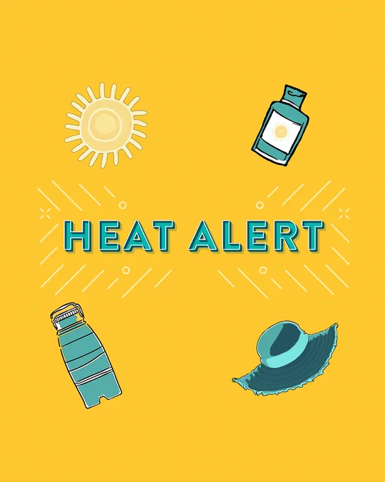 A yellow background with illustrations of a sun, sunscreen bottle, water bottle, and wide-brimmed hat surrounding the text "Heat Alert" in bold letters.