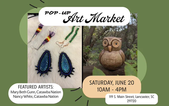 Green flyer announcing June pop-up market, with collage of three pairs of beaded earrings and owl made of pottery