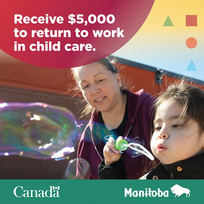 Image of an Early Childhood Educator and a child blowing bubbles outside. Caption: Receive $5,000 to return to work in child care.