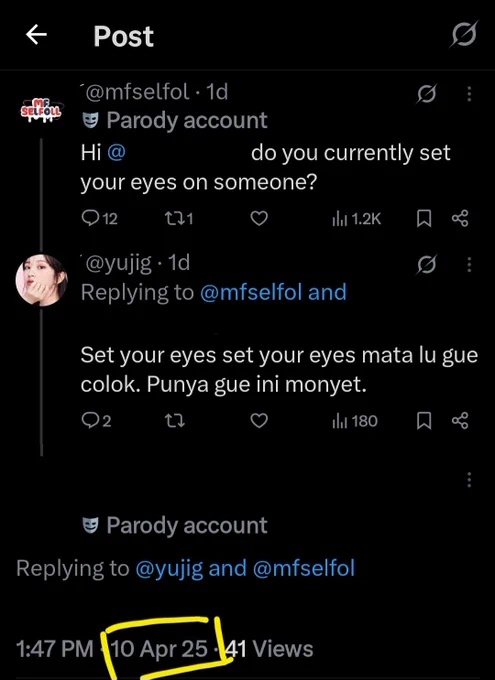 Tanggal 10 April, ybs mereply menfess yang berhubungan dengan mantannya seperti pada gambar.