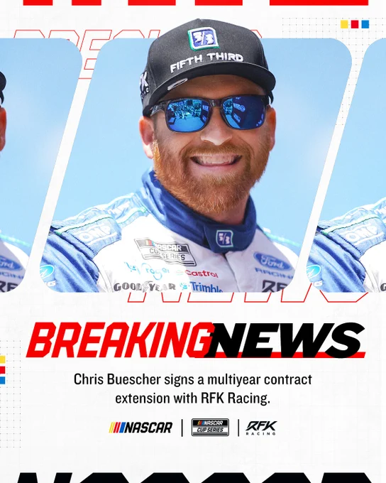 Breaking News graphic for Chris Buescher's contract extension with RFK Racing.