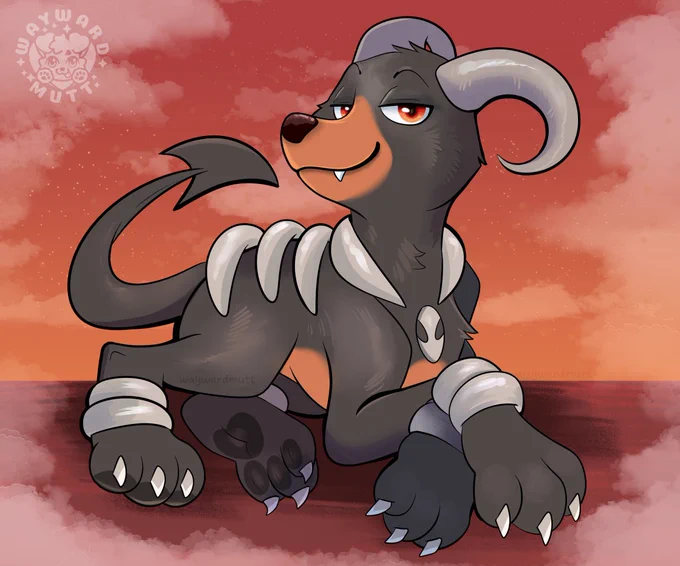 Houndoom laying down with its paws crossed, they have a smug smile. Surrounded by smoke and fog. 