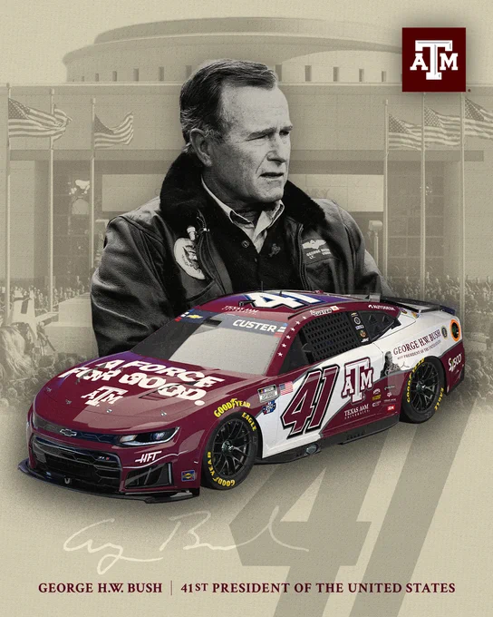 This is an illustration featuring a race car with "Texas A&M" branding and the number 41. Above the car is an image of George H.W. Bush, along with a faded background of a building with pillars. The Texas A&M logo is prominently displayed in the top-right corner. George H.W. Bush's signature appears at the bottom.