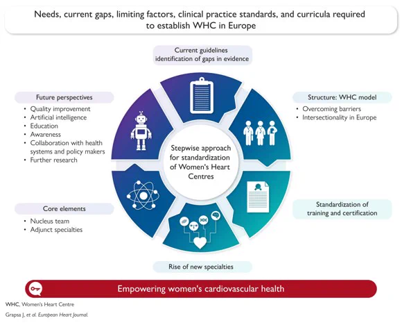 Needs, current gaps, limiting factors, clinical practice standards, and curricula required to establish WHC in Europe

Stepwise approach for standardization of Women's Heart Centres:

Current guidelines
identification of gaps in evidence

Future perspectives
• Quality improvement
• Artificial intelligence
• Education
• Awareness
• Collaboration with health systems and policy makers
• Further research

Structure: WHC model
• Overcoming barriers
• Intersectionality in Europe

Core elements
• Nucleus team
• Adjunct specialties

Standardization of training and certification

Rise of new specialties


Empowering women's cardiovascular health

WHC, Women's Heart Centre
Grapsa J, et al. European Heart Journal.
