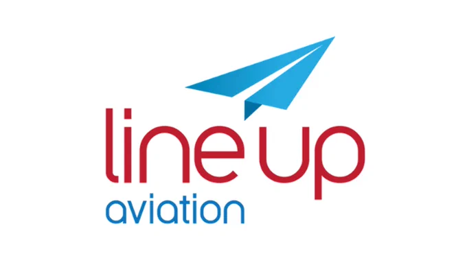 Minimalist aviation logo with a blue paper plane graphic and the words 'line up aviation' in red and blue.