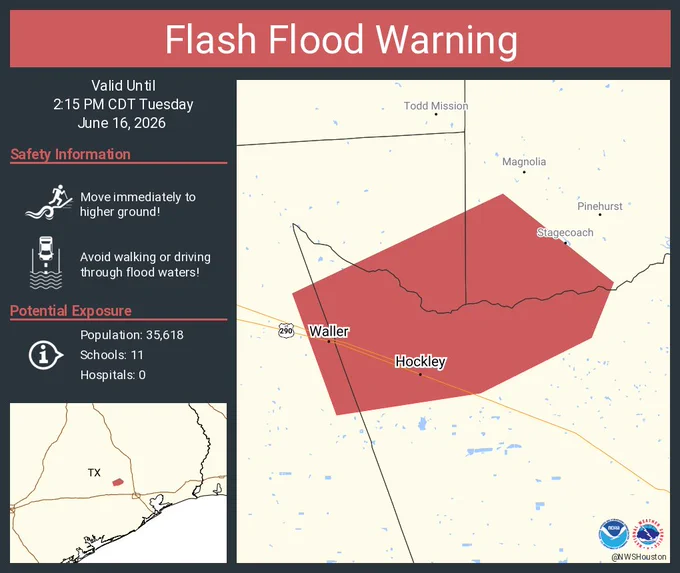 This graphic displays a flash flood warning plotted on a map. The warning is in effect until 2:15 PM CDT. The warning includes Waller TX and Hockley TX.  This warning is for Harris County in southeastern Texas, Southwestern Montgomery County in southeastern Texas and Northeastern Waller County in southeastern Texas. Avoid walking or driving through flood waters! Move immediately to higher ground! There are 35,618 people in the warning along with 11 schools and 0 hospitals.