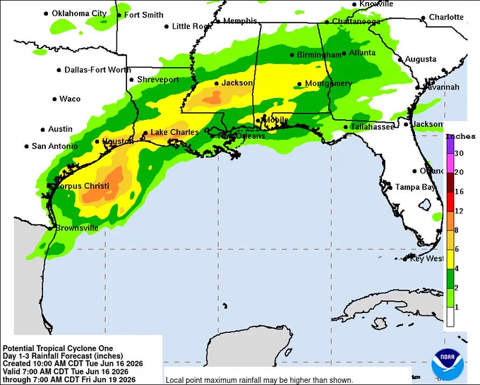NOAA rainfall forecast map showing expected precipitation totals from Potential Tropical Cyclone One from Tuesday, June 16 through Friday, June 19, 2026. The heaviest rainfall is forecast across south and southeast Texas, especially between Corpus Christi and Brownsville, where 6 to 12 inches or more are possible. A broad corridor of 2 to 6 inches extends northeast through Houston, southwest Louisiana, southern Mississippi, Alabama, and the Florida Panhandle. Lower rainfall totals extend farther inland across the central Gulf Coast. Main hazards include flash flooding, urban flooding, and isolated river flooding, especially in southern Texas where the greatest rainfall is expected.