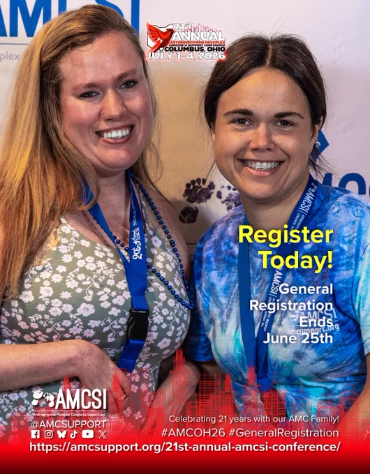 Attendees at a past conference taking a photo in front of the AMCSI step-and-repeat backdrop. Overlay text reads “21st Annual AMCSI Conference, Columbus, Ohio, July 1–4, 2026” and “General Registration – Register Today, General registration ends June 25th.”  In the bottom right are the FB, IG, BlueSky, TikTok, YouTube & X logos, with @AMCSUPPORT on the bottom left & the hashtags #AMCOH26 & #GeneralRegistration on the bottom right, both in white. Below that is the professional guest speakers link https://amcsupport.org/21st-annual-amcsi-conference/ to learn more about getting involved.

#AMCSI
#AMCOH26
#AMCCommunity
#Arthrogryposis
#ArthrogryposisMultiplexCongenita
#DisabilityCommunity
#DisabilityInclusion
#AdaptiveLife
#DisabilityAwareness
#InclusiveEvents
#CommunityConnection
#SupportAndBelonging
#RareCondition
#ConferenceExperience
#AMCConference
#StrongerTogether
#LifeWithAMC
#DisabilityAdvocacy
#AccessibleEvents
#MeetYourPeople