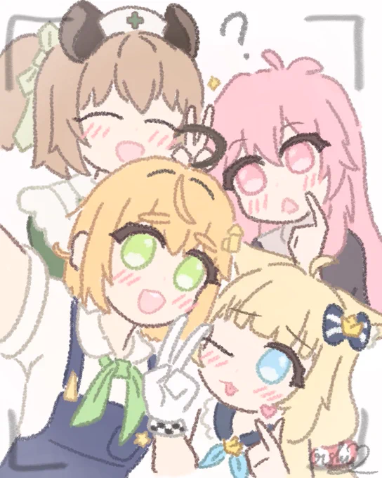 Colored chibi fanart of Nimi, Shachi, Saba, and Dooby crowded together for a cute group selfie! 🤳