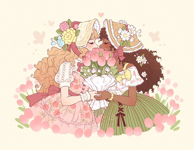 A soft vintage-style drawing of two women in cottagecore spring dresses, one fair-skinned with strawberry blonde hair dressed in pink, the other dark-skinned with curly brown hair dressed in green. They lean in towards each other with their eyes closed, a large bouquet of pink tulips held between them and obscuring their faces in a demure fashion.