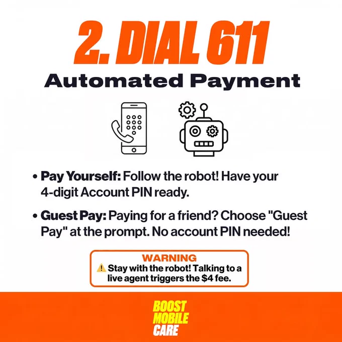 \uD83D\uDCDE METHOD 2: DIAL 611 (100% FREE)\n\nCall our automated phone system directly from your handset. Just remember to stay on the automated line\u2014transferring to a live person will trigger the fee!\n\n\u2022 Paying your own bill? Have your 4-digit Account Security PIN ready to log in.\n\u2022 Paying for a friend? Just choose the \"Guest Pay\" option at the prompt\u2014no account PIN required!