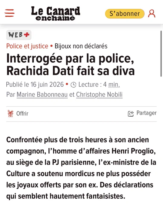 Le Canard enchaîné : Rachida Dati a fait sa diva face aux enquêteurs de la PJ de Paris, qui l'interrogeaient sur ses bijoux. Confrontée à son ancien compagnon, l’homme d’affaires Henri Proglio, l’ex-ministre a juré qu'elle ne détenait que des babioles sans grande valeur.