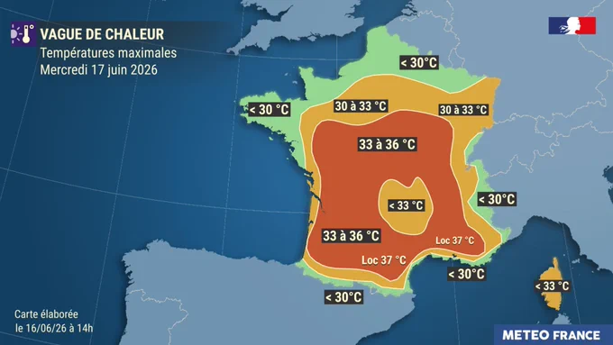 Prévisions des températures maximales sur la France pour le mercredi 17 juin 2026.