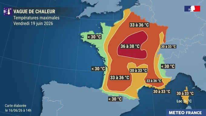 Prévisions des températures maximales sur la France pour le vendredi 19 juin 2026.