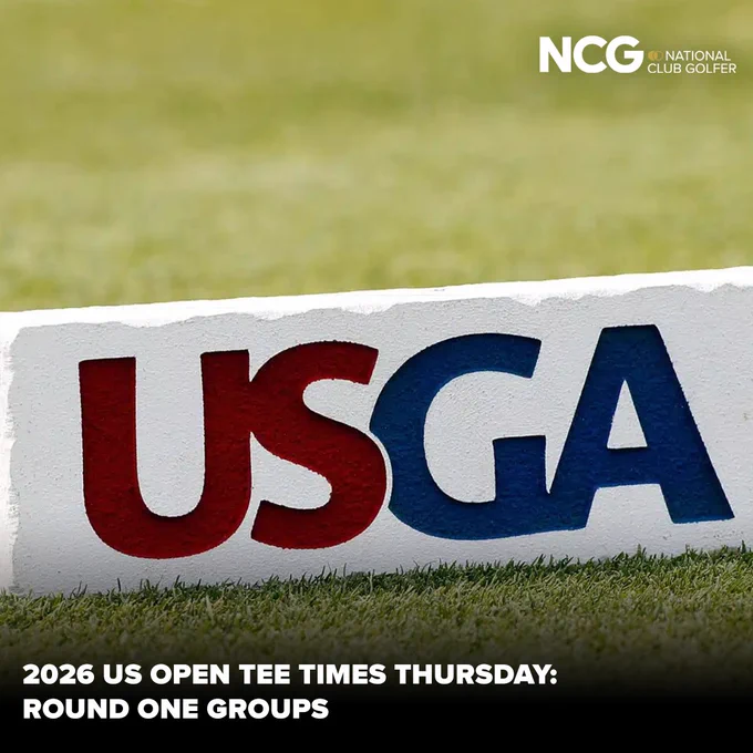 A promotional image for the 2026 US Open, featuring the USGA logo on a grassy background with text overlay about round one groups and tee times.