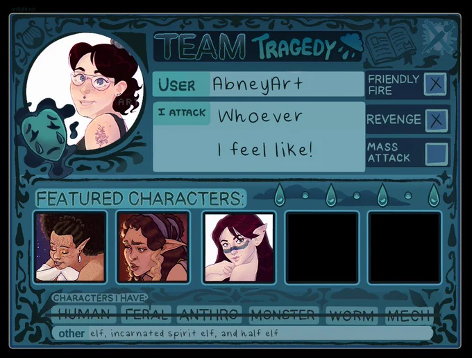 A 2026 art fight user card for Team Tragedy. The user's name is AbneyArt. Under "I attack" is written "Whoever I feel like!" Friendly fire and revenge options are checked. The "Characters I have" section is crossed out and under "other" is written "elf, incarnated spirit elf, and half elf."