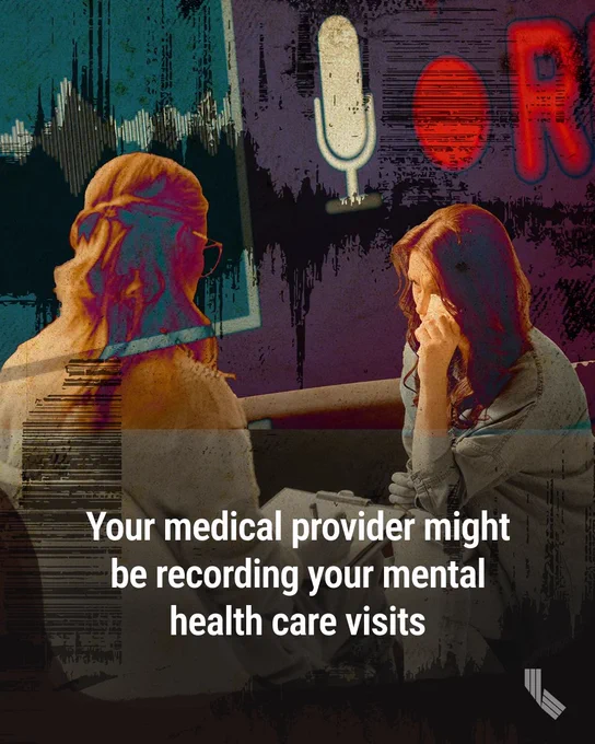 An illustrated composite image shows two people in conversation, one taking notes while the other appears distressed. Audio waveforms, a microphone icon and the word “REC” are layered over the scene, suggesting a recorded or transcribed discussion. Illustration by Roxsy Lin, American Community Media