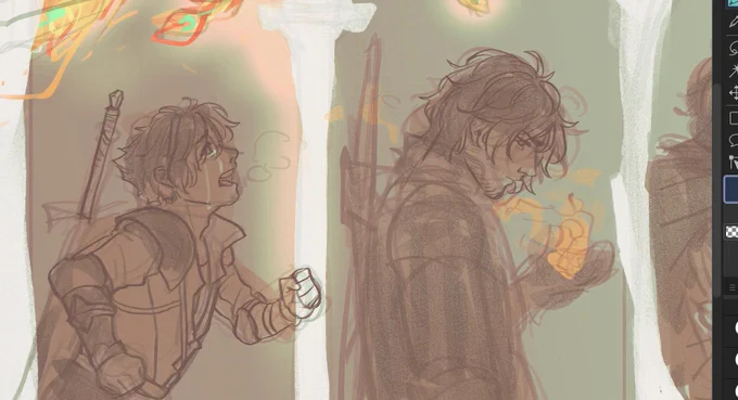 a work in progress screenshot of a CSP canvas featuring a cropped view of a triptych, depicting clive in three stages of his life.
