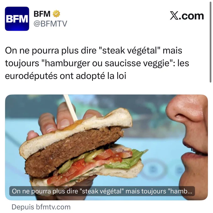 BFM : On ne pourra plus dire "steak végétal" mais toujours "hamburger ou saucisse veggie": les eurodéputés ont adopté la loi