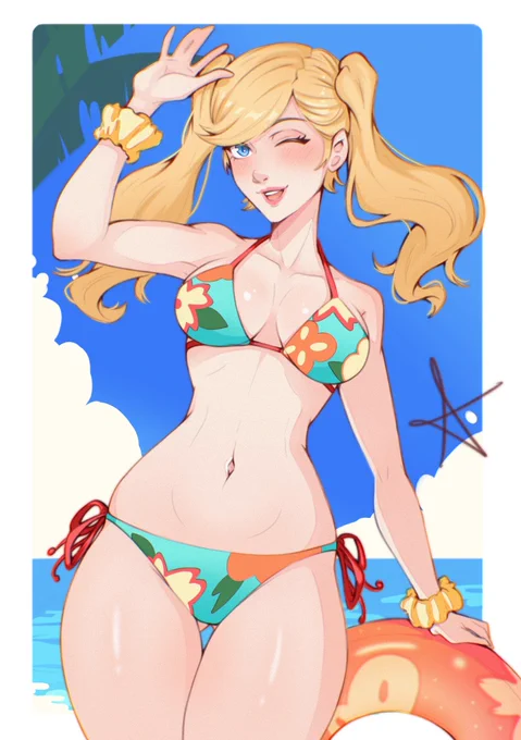 A fanart of Ann Takamaki from Persona 5 in a bikini with the same design as the official one in the game, while using her right hand to shelter some sun rays and holding in the other hand a swimring.
She's smiling in a cute way and winking because of the sun.