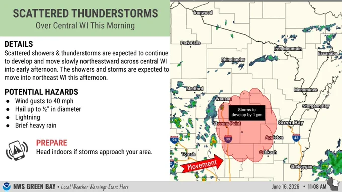 Radar map of northeast Wisconsin showing the current radar indicating storms were developing across central WI, which will move into northeast WI this afternoon. 