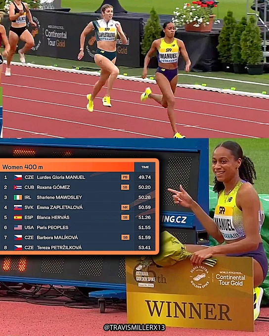 🇨🇿Lurdes Gloria Manuel wins Ostrava 400m in 49.74 PB!

50.59 national record for 400mH world leader 🇸🇰Emma Zapletalova