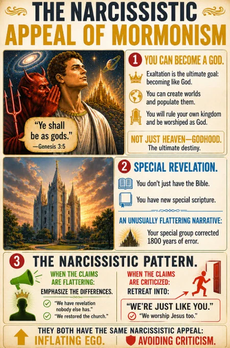 Infographic titled "The Narcissistic Appeal of Mormonism." Section 1 argues that Mormonism teaches humans can become gods, create worlds, rule kingdoms, and receive worship, describing exaltation as "not just heaven—godhood." Section 2 argues Mormonism offers special revelation beyond the Bible and presents believers as a chosen group that corrected centuries of error. Section 3 contrasts how flattering claims are emphasized while criticisms are met with responses such as "we're just like you" and "we worship Jesus too." The infographic concludes that these themes share a narcissistic appeal: inflating the ego while avoiding criticism. Visuals include a figure gazing toward a celestial kingdom, a devil whispering "Ye shall be as gods" (Genesis 3:5), and an LDS temple.