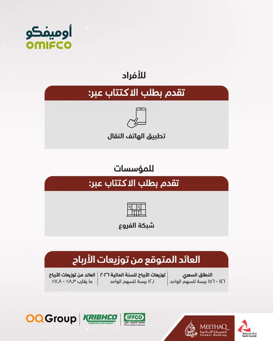 صورة للترويج للاكتتاب العام لشركة أوميفكو عبر ميثاق للصيرفة الإسلامية.

 

النص المكتوب:

للأفراد تقدم بطلب الاكتتاب عبر: تطبيق الهاتف النقال

للمؤسسات تقدم بطلب الاكتتاب عبر: شبكة الفروع
