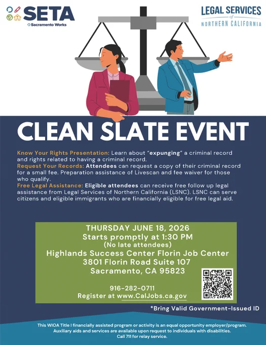 Illustration of a man and woman standing back-to-back with a large scale of justice behind them, promoting a Clean Slate Event for legal aid in Sacramento.