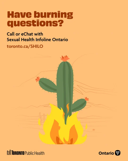 Illustrated graphic of a cactus on fire against a creamsicle orange background. Orange title text says, ‘Have burning questions?’. Underneath it says, ‘Call or eChat with Sexual Health Infoline Ontario. toronto.ca/SHILO’. The bottom of the graphic shows the Toronto Public Health & Ontario logos. 