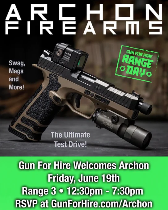 Promotional image for the Archon Firearms Range Day event on June 19th. Features a close-up of a gun with event details.