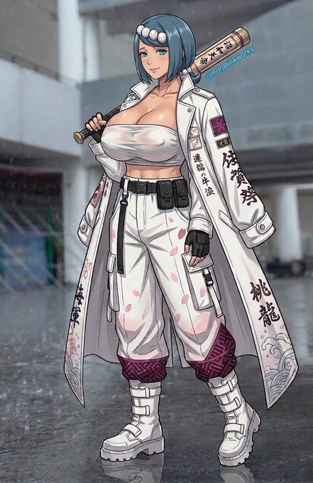 Lana's mom from Pokemon as a Bosozoku rebel in the rain. White long coat with Japanese kanji & cherry blossoms, white crop top, boots. Holding a bat. @morphinkworks watermark. Objective, cool anime aesthetic.