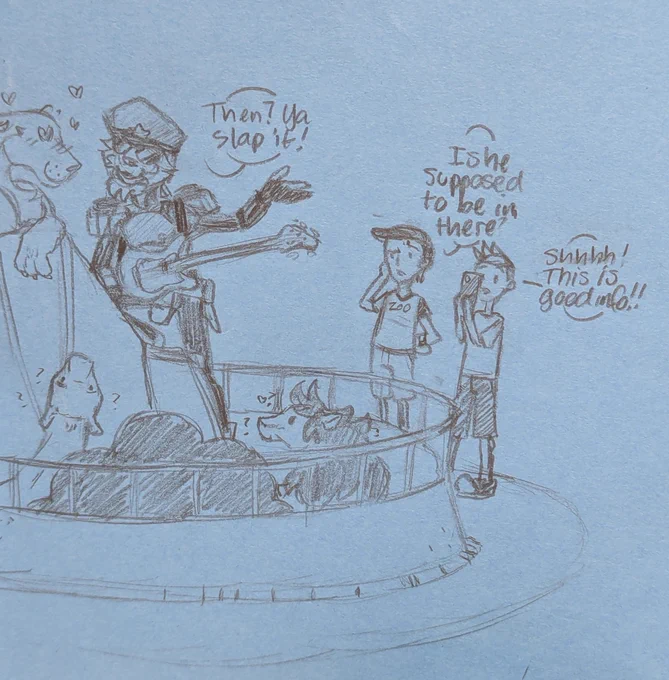Commander Meouch of TWRP teaching lions in a zoo enclosure how to slap bass. One of the lions is making heart eyes at him as two humans muse over if he should be in there or not 