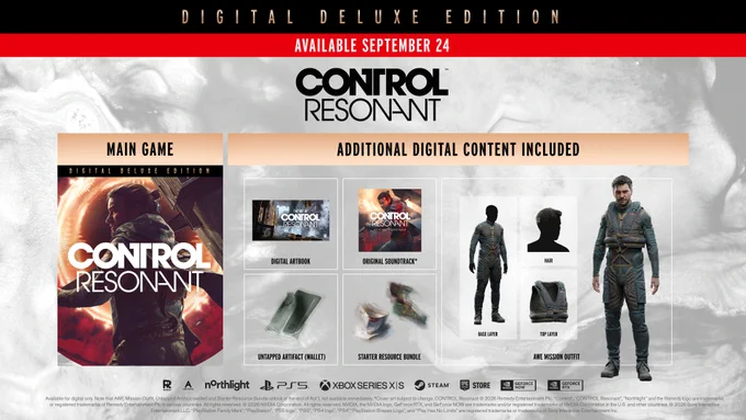 CONTROL Resonant Digital Deluxe Edition, available September 24. Contains: main game, plus digital art book, original soundtrack, untapped artifact (wallet), starter resource bundle, AWE mission outfit