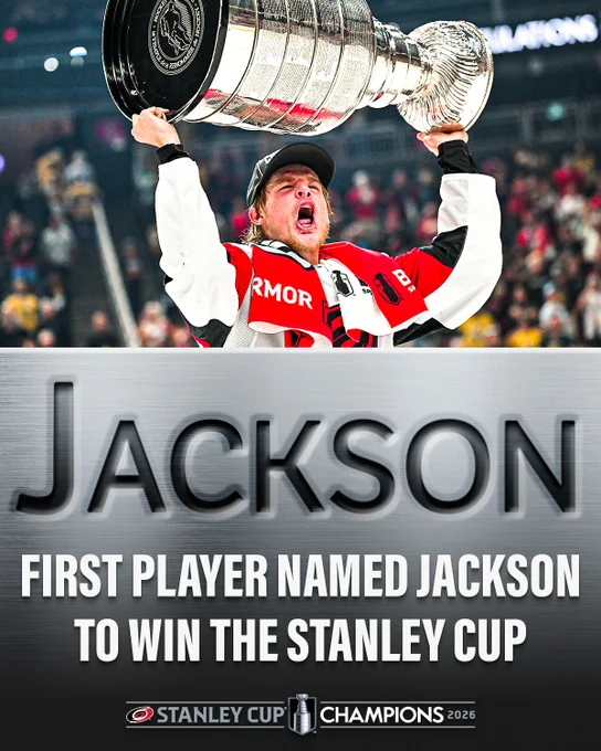 Photo of Jackson Blake lifting the Stanley Cup. Below, text reads, \"Jackson: First player named Jackson to win the Stanley Cup\". 