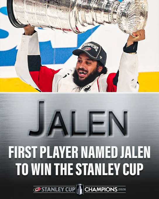 Photo of Jalen Chatfield lifting the Stanley Cup. Below, text reads, \"Jalen: First player named Jalen to win the Stanley Cup\". 